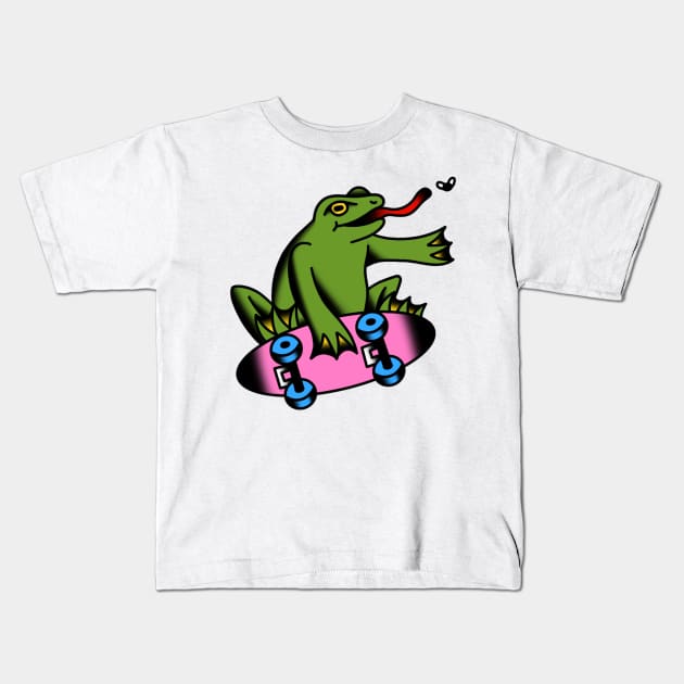 Skateboarding Frog Kids T-Shirt by drawingsbydarcy